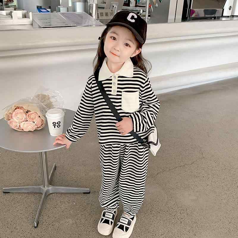 キッズ 男女兼用 春秋 カジュアル ストライプ柄 柔らか 綿素材 長袖ポロシャツ ロングパンツ ポケット付き ツーピース セットアップ 普段着 韓国風