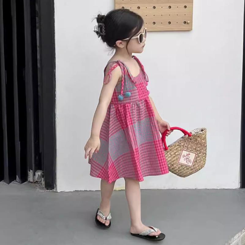 ワンピース キッズ 女の子 春夏 韓国風 プリンセス風 チェック柄 ポンポン付き キャミソール ピンク 綿..