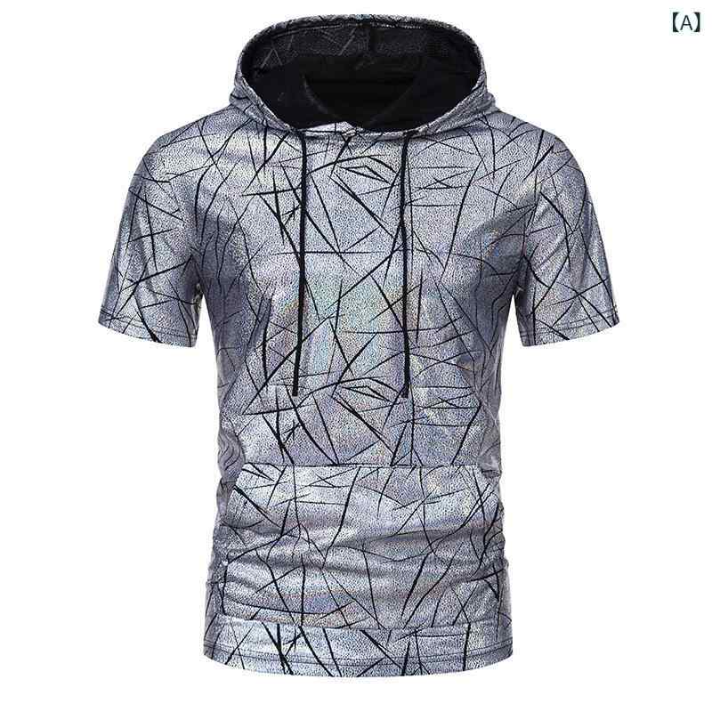 Tシャツ メンズ 70年代 ディスコ フード付き 箔プリント 半袖 ポリエステル ゆったり オーバーサイズ カジュアル スポーツカジュアル 春夏 シルバー ゴールド ブルー