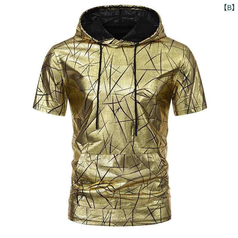 Tシャツ メンズ 70年代 ディスコ フード付き 箔プリント 半袖 ポリエステル ゆったり オーバーサイズ カジュアル スポーツカジュアル 春夏 シルバー ゴールド ブルー