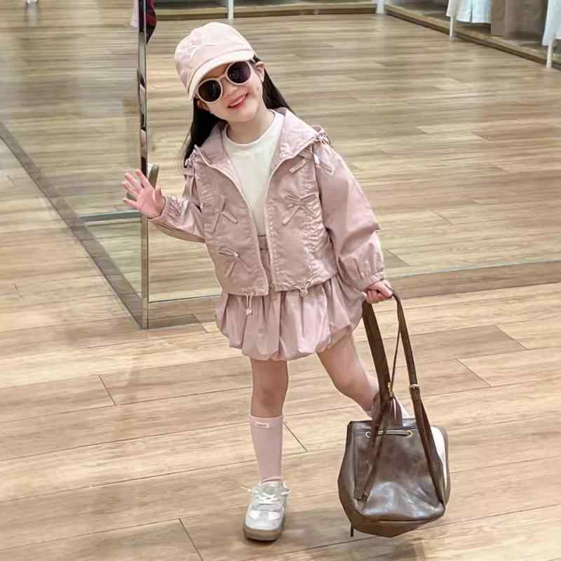 キッズ 女の子 セットアップ 秋冬 かわいい リボン フード付き 長袖 ジップアップジャケット バルーンスカート 2点セット ポリエステル 綿 柔らか素材 カジュアル お出かけ 子供服