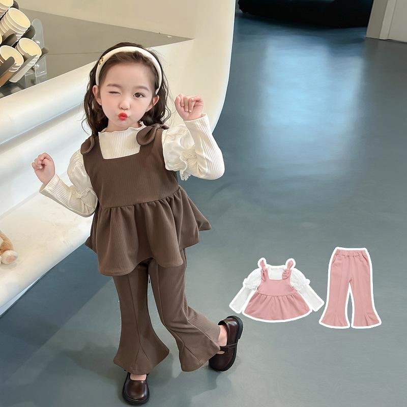 キッズ 子供服 女の子 韓国風 春秋 綿素材 ソフトな肌触り リボン フリル バルーンスリーブ メロウフリル キャミソール 長袖Tシャツ フレアパンツ 3点セット セットアップ