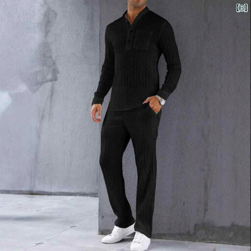 セットアップ メンズ スリムフィット リブ編み 無地 長袖シャツ ロングパンツ ビジネスカジュアル 大人カジュアル きれいめ 着回し イタリア風 綿混 ポリエステル混 春