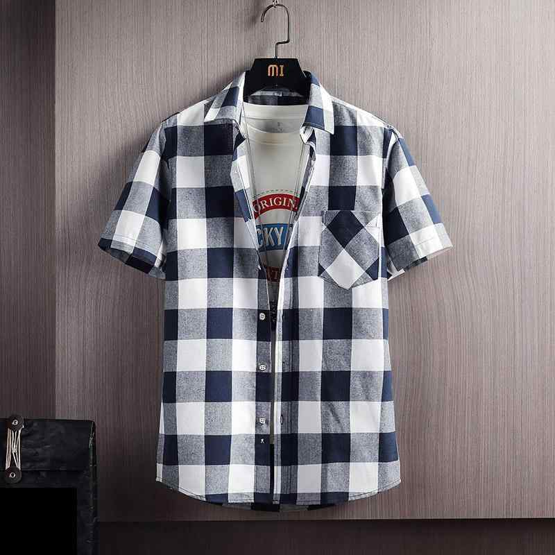 シャツ メンズ 半袖 防シワ加工 大柄チェック 配色切り替え ポケット付き 薄手 綿 春夏 カジュアル レギュラーフィット 韓国ファッション