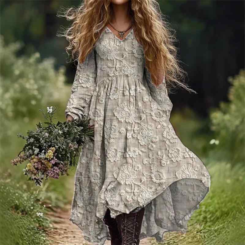 ワンピース レディース ゆったり 体型カバー 3Dプリント 立体柄 Vネック 長袖 Aライン ミディ丈 プルオーバー アーバンカジュアル きれいめ リラックスフィット 夏 ポリエステル素材 おうち時間