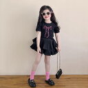 Tシャツ スカートセット キッズ 女の子 春夏 韓国風 リボン柄 黒 半袖Tシャツ 柔らかい 綿素材 プリーツティアードスカート キュロット付き 2点セット