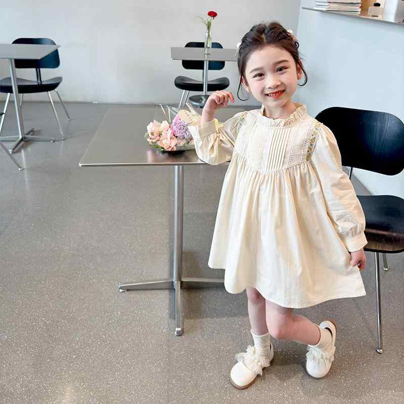 ワンピース 女の子 キッズ 韓国風 春秋 長袖 コットン 花柄 刺繍 フリル パフスリーブ プリンセス風 子供服 お出かけ 発表会 フォーマル