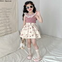 キッズ 女の子 スカート セットアップ 夏服 かわいい おしゃれ 薄手 フリル キャミソール ノースリーブ ピンク 小花柄 コットン