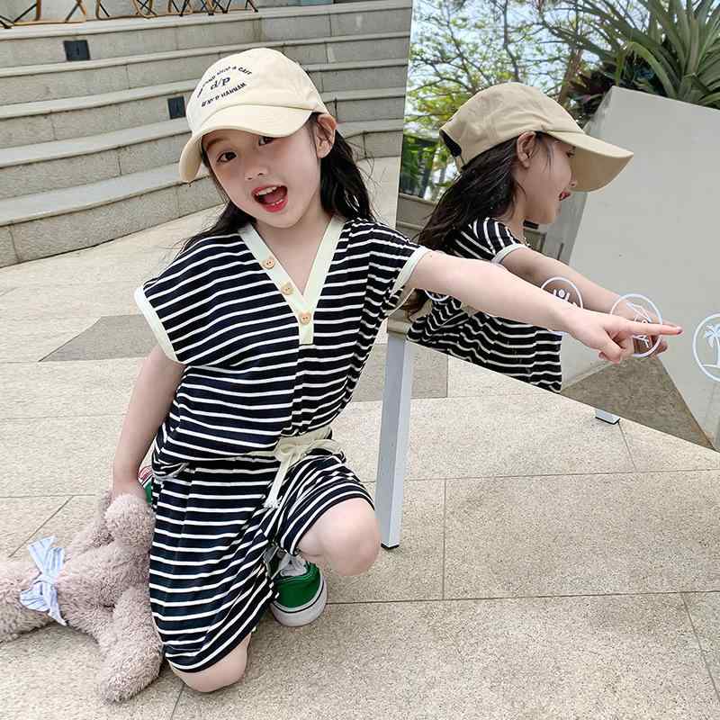 キッズ 女の子 セットアップ 夏服 ストライプ ノースリーブ バックオープン リボン 綿混素材 ショート..