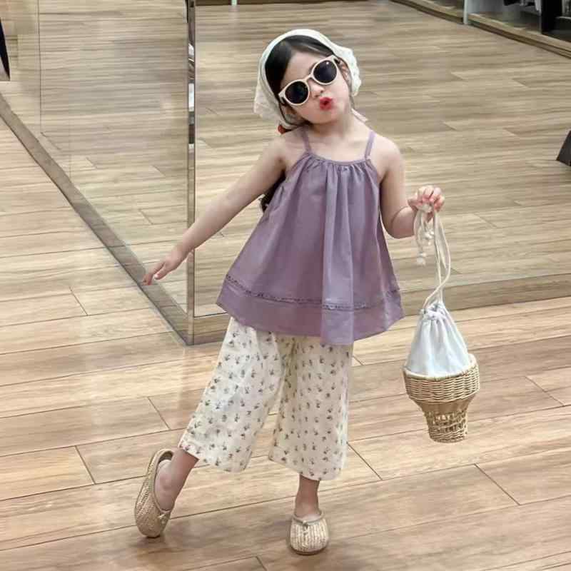キッズ 女の子 韓国風 夏服 柔らかコットン レース キャミソール 紫色 小花柄 クロップド丈 ワイドパンツ 2点セット カジュアル リゾート セットアップ