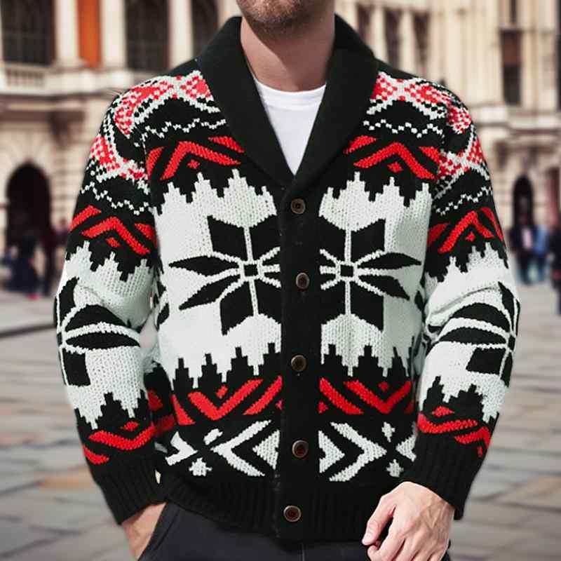 カーディガン メンズ アメリカンレトロ ジャカード ローゲージ 厚手 ヘビーウェイト 襟付き ゆったり ..