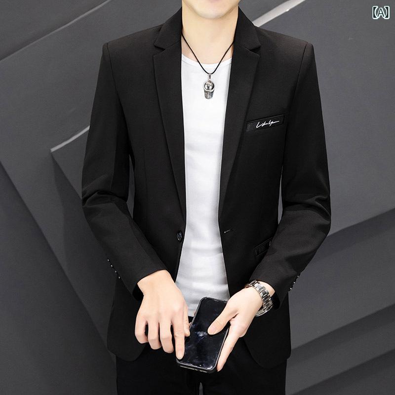 テーラードジャケット メンズ 通気性 シワになりにくい 形態安定 スリムフィット 細身 韓国風 カジュアル ビジネス オフィス 通勤 春秋 ワンボタン 長袖 無地 テーラードカラー ポリエステル混紡 大きいサイズ対応