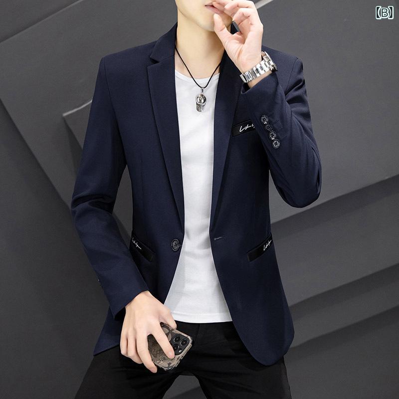 テーラードジャケット メンズ 通気性 シワになりにくい 形態安定 スリムフィット 細身 韓国風 カジュアル ビジネス オフィス 通勤 春秋 ワンボタン 長袖 無地 テーラードカラー ポリエステル混紡 大きいサイズ対応