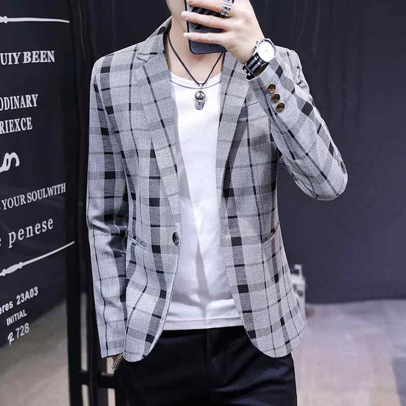ブレザー メンズ 通気性 シワになりにくい チェック柄 シングルボタン スリムフィット テーラードジャケット 韓国風 カジュアル ビジネス 春秋 カーキ グレー