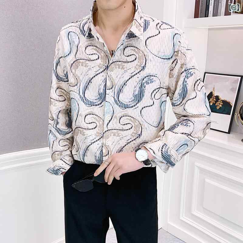 シャツ メンズ 長袖 カジュアル 開襟シャツ スリムフィット おしゃれなプリント柄 通気性抜群 形態安定 春秋用 トップス