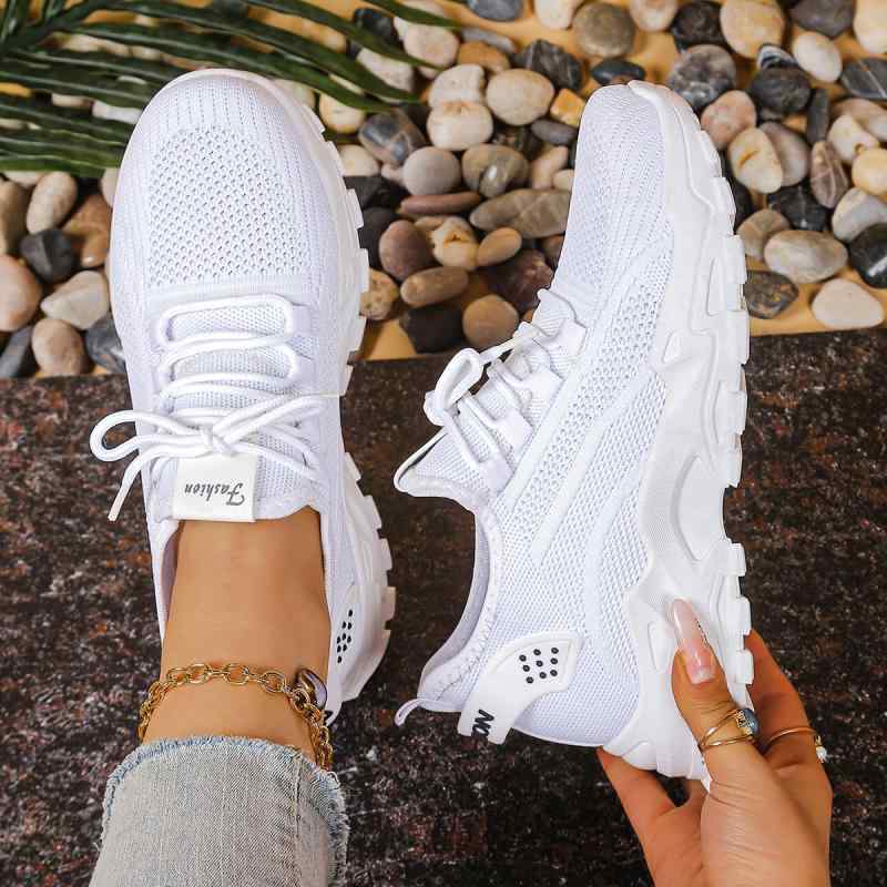 スニーカー レディース フライニットメッシュ 通気性抜群 軽量 厚底 フラットヒール レースアップ スポーツ カジュアル 普段使い 春夏秋冬 ブラック ホワイト ピンク ベージュ グレー