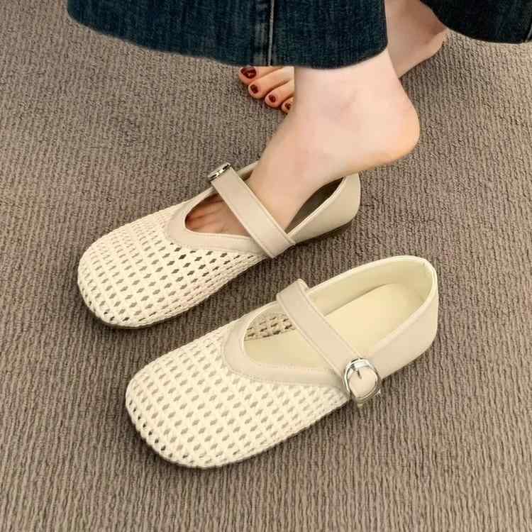 サンダル レディース マリージェーンシューズ フラットソール ソフトインソール メッシュ フィッシュネット 編み込み カットアウト ワンストラップ ラウンドトゥ 低ヒール レトロ カジュアル 春夏