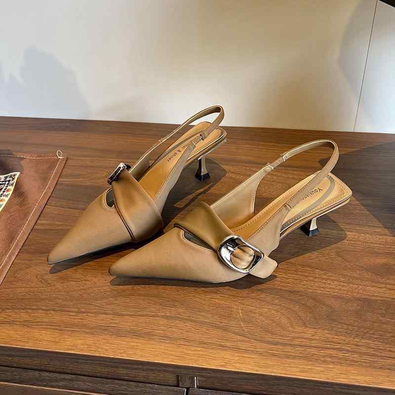 ミュール レディース 高級感 ポインテッドトゥ スクエアバックル ハイヒール スクエアヒール 春夏 通勤 フレンチシック