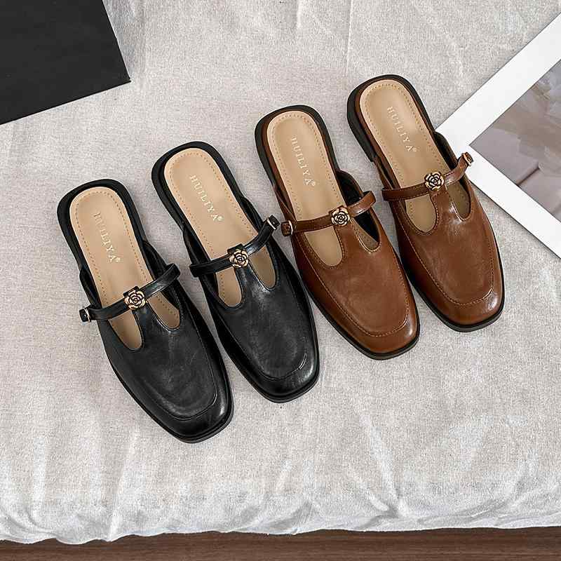 パンプス レディース ラウンドトゥ カメリア ローヒール Tストラップ レザーシューズ 快適 春夏 羊革裏地 ラバーソール マイクロファイバー素材 ブラック ブラウン