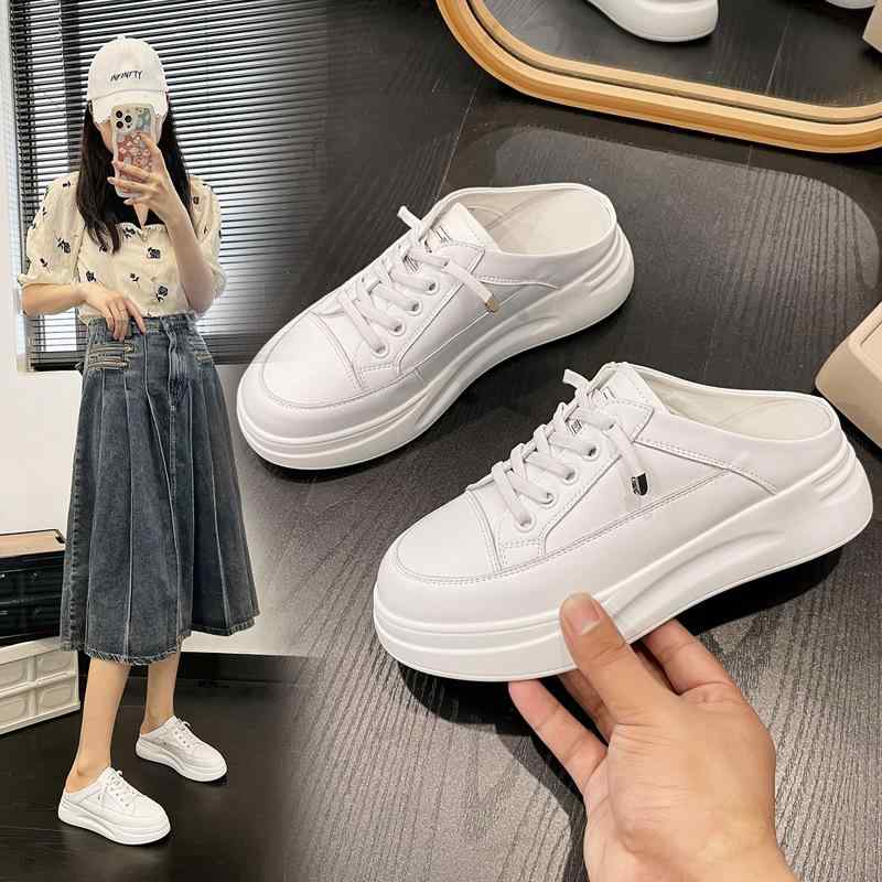 スニーカー レディース 本革 軽量 厚底 通気性 ラウンドトゥ ホワイト カジュアル レースアップ フェイ..