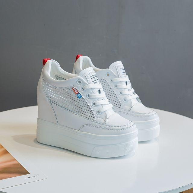 スニーカー レディース 白 本革 厚底 インヒール 11cmヒール 脚長効果 カジュアル スポーティ 通気性 耐摩耗性 ローカット 牛革 ホワイト ブラック オールシーズン