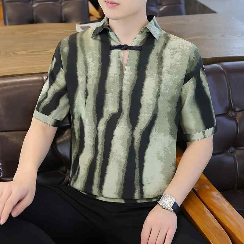Tシャツ メンズ 抗菌加工 半袖 薄手 ゆったり ルーズフィット ドロップショルダー カジュアル 新中華風 リネン シルク素材 グラフィティプリント 抽象柄 日常 通勤 夏