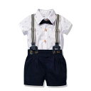 ロンパース 男の子 半袖 ショートパンツ ベスト 蝶ネクタイ 4点セット フォーマルスーツ かわいい恐竜柄 春夏 プルオーバー 綿95% ネイビー ベビー用