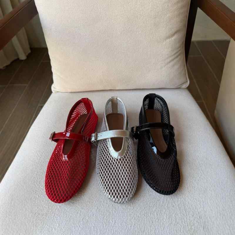 メリージェーン サンダル レディース 羊革 フィッシュネット ラウンドトゥ フラット 浅履き 春夏 ワンストラップ カジュアル デイリーユース 無地 ローヒール ラバーソール レッド ブラック シルバー