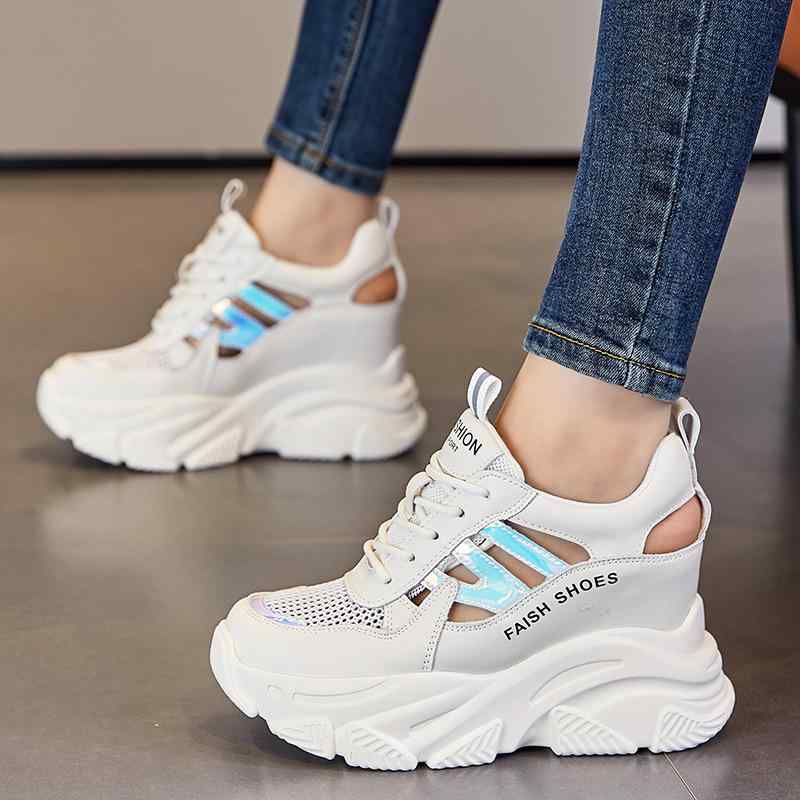 ダッドスニーカー レディース インヒール 8cmヒール 厚底 通気性 メッシュ カットアウト スポーツ カジュアル ラウンドトゥ レースアップ 春夏 デイリー ウェッジソール 配色 浅履き シューズ