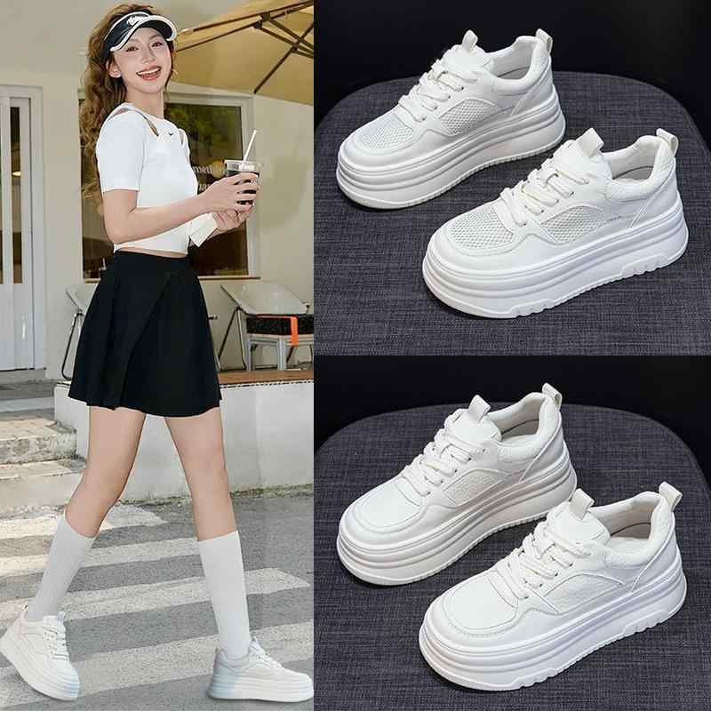 スニーカー レディース 内側シークレットヒール 厚底 プラットフォーム 通気性 メッシュアッパー 軽量 柔らかな履き心地 ホワイト カジュアル レースアップシューズ オールシーズン対応