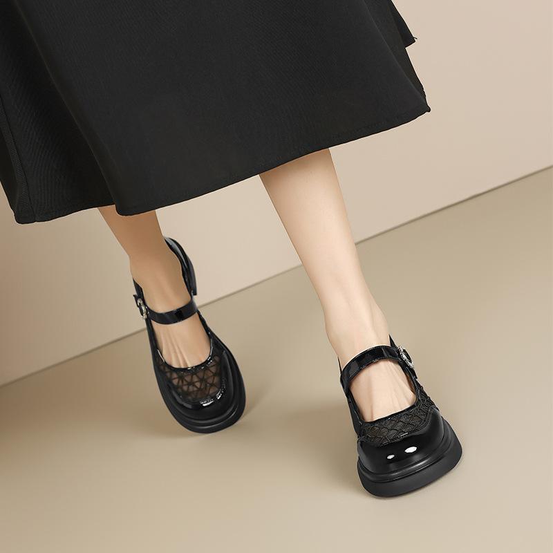 メリージェーン レディース 通気性 メッシュ 厚底 チャンキーヒール ラウンドトゥ ミドルヒール マジックテープ フレンチスタイル カジュアル パンプス ブラック ベージュ アプリコット