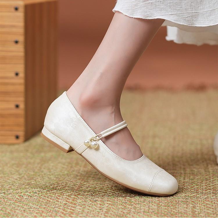 マリージェーンシューズ レディース フラット スリッポン バックル 太ヒール スクエアトゥ 民族風 エレガント ビーズ飾り 浅履き パンプス ゴム底 マイクロファイバー オールシーズン 杏色