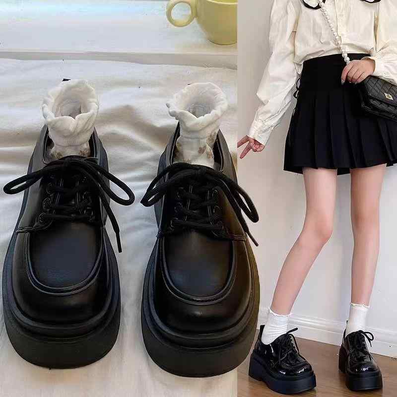 ローファー レディース 厚底 ソフトソール 滑り止め ミドルヒール レースアップ 英国風 ブラック PUレザー フェイクレザー ラウンドトゥ ゴム底 デイリー カジュアル 通勤 通学 春秋