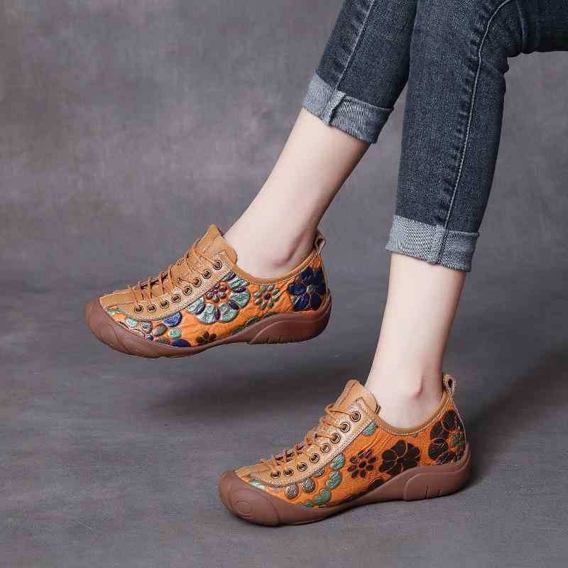 モカシン レディース 牛革 ハンドメイド ソフトソール レースアップ フラットソール 民族調 レトロ 秋冬 低ヒール ラウンドトゥ 花柄 ゴム底 豚革インソール カジュアル