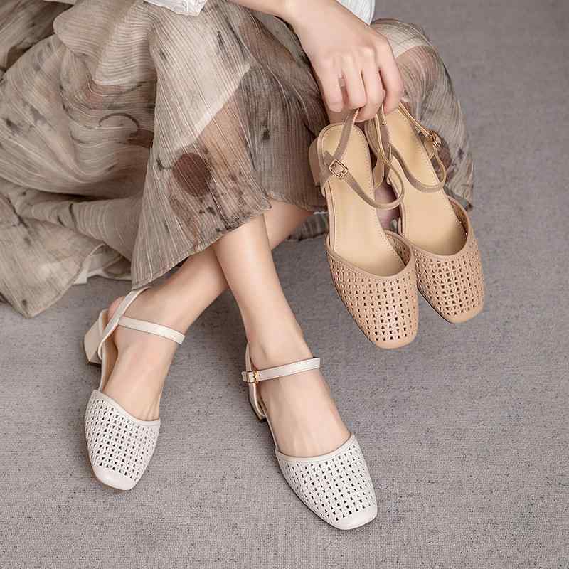 ミュール サンダル レディース 牛革 本革 スクエアトゥ ローヒール チャンキーヒール バックオープン 手作り 編み込み 透かし編み バックルストラップ 春夏