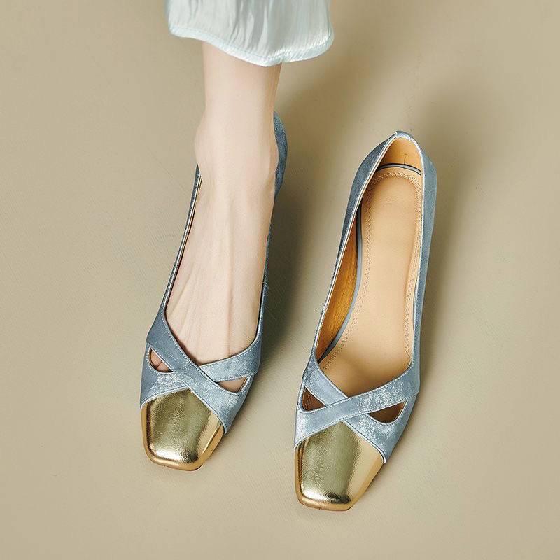 パンプス レディース ミドルヒール 細ヒール スクエアトゥ ラウンドトゥ 浅め 本革 フレンチスタイル 上品 カジュアル 通勤 普段使い 切り替え ブルー 秋冬