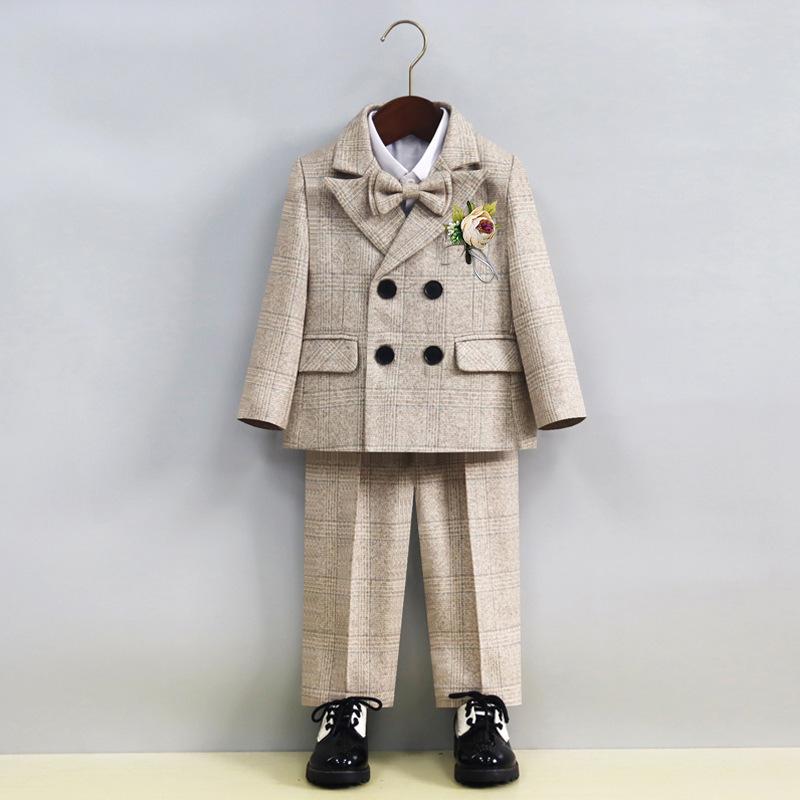 キッズ 男の子 フォーマルスーツ セットアップ 春夏秋 ブリティッシュ チェック柄 ダブルボタン ベスト付き 柔らか素材 ポリエステル混紡 結婚式 発表会 誕生...