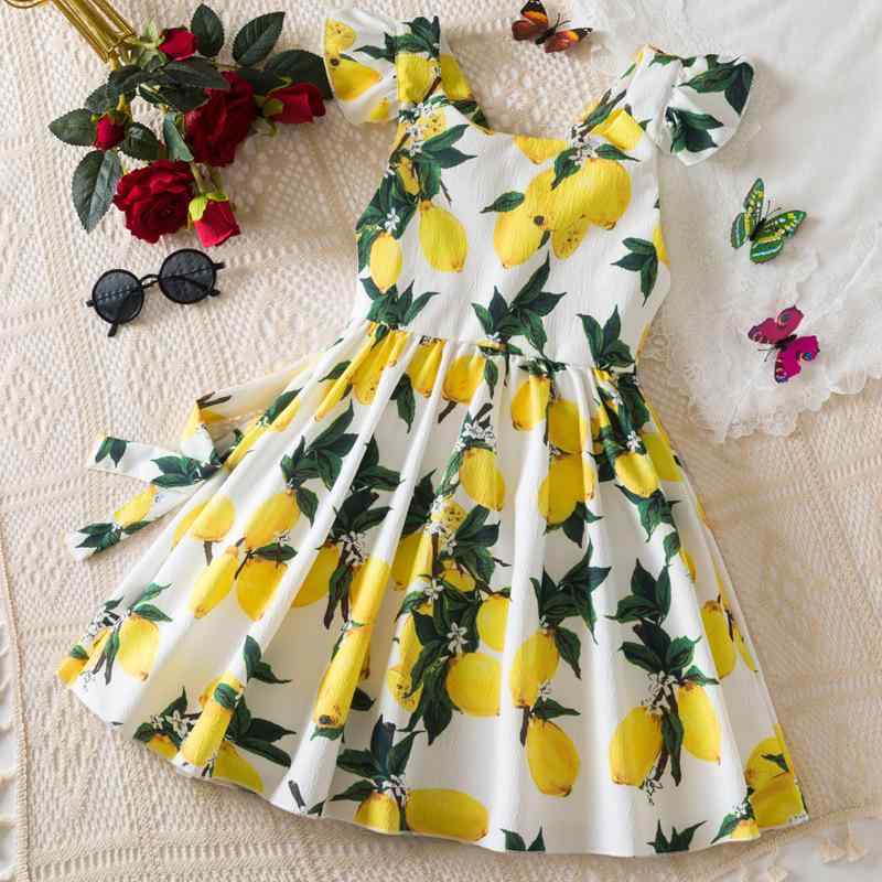 ワンピース 女の子 プリンセス キャミソール Aライン レモン柄 春秋 リゾート カジュアル かわいい ノ..