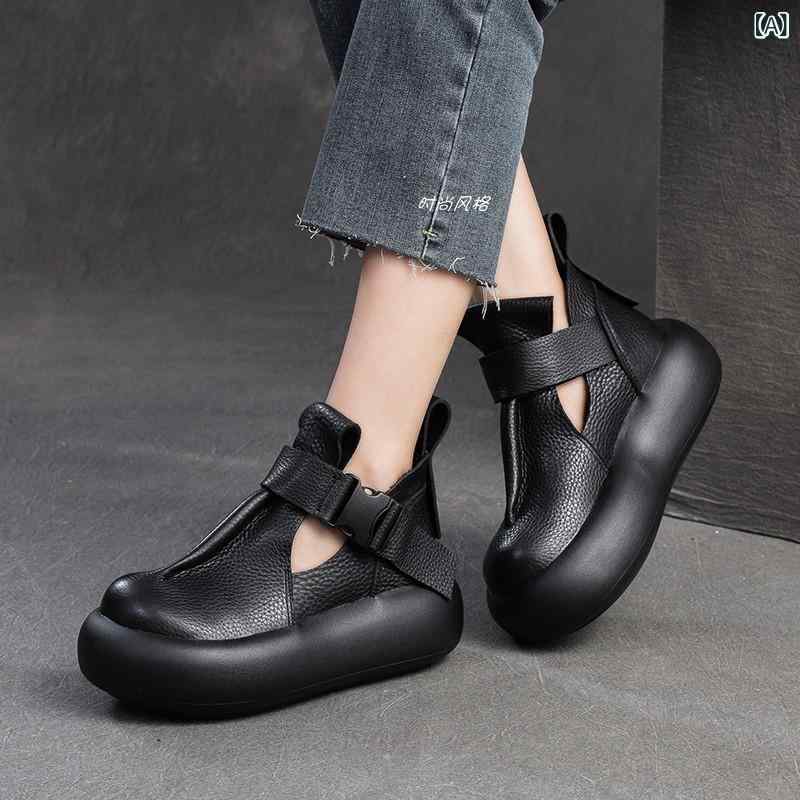 サンダル レディース 厚底 ウェッジソール 太ヒール ハイヒール 本革 レザー カットアウト レトロ ベルトバックル ラウンドトゥ デイリー お出かけ ブラック ダークブラウン