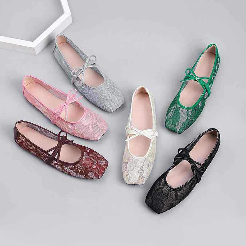 フラットシューズ レディース モカシン かわいい メッシュ 花柄 リボン 浅め スリッポン スクエアトゥ 通気性 快適な履き心地 オールシーズン対応 普段使い