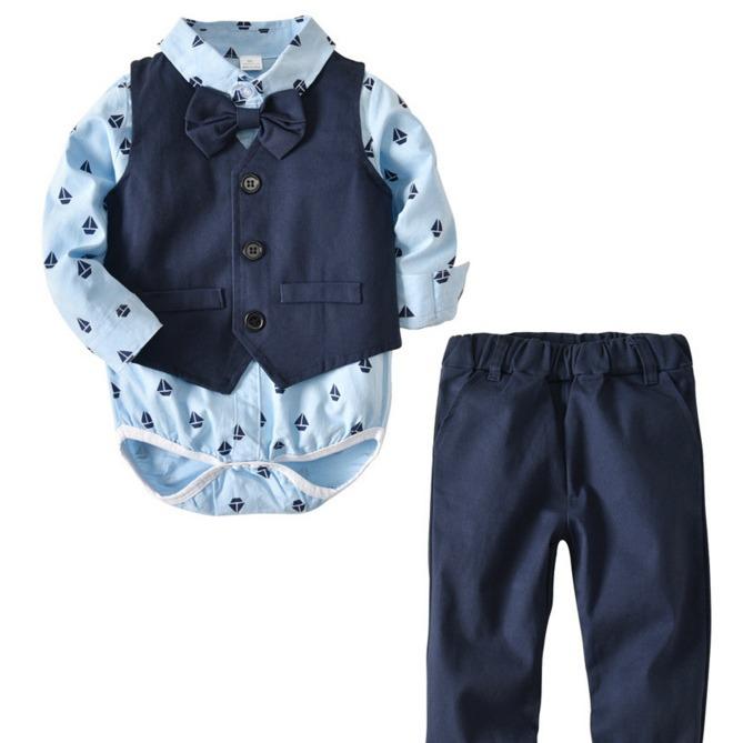 ベビー 男の子 フォーマルスーツ 長袖 ロンパース シャツ ベスト 蝶ネクタイ 股開き ヨット柄 プリント..