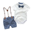 ベビー服 男の子 夏物 ツーピース セットアップ 白シャツ サロペット ショートパンツ 蝶ネクタイ 襟付き フォーマル 礼装 紳士風 ブリティッシュスタイル 薄...