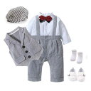 ロンパース 男の子 ベビー フォーマル 長袖 秋冬 綿素材 紳士服 5点セット ハット ベスト ソックス シューズ 結婚式 お宮参り お食い初め 誕生日 記念日