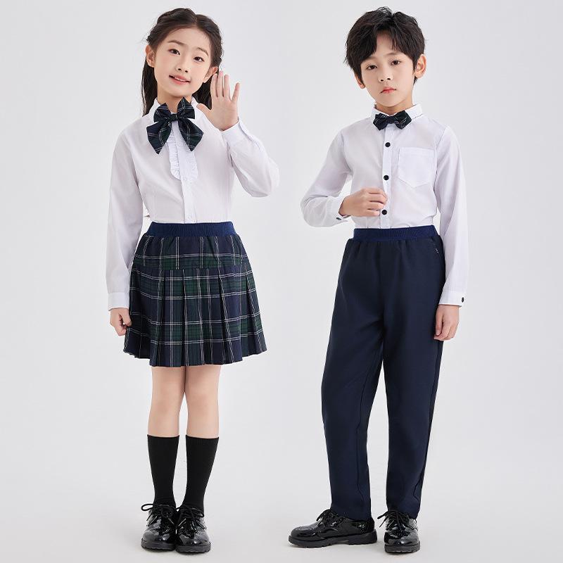 制服 キッズ 男女兼用 フォーマル スクールテイスト 卒業式 入学式 発表会 セレモニー 白シャツ チェック柄スカート ネイビーロングパンツ ポリエステル素材 春夏秋