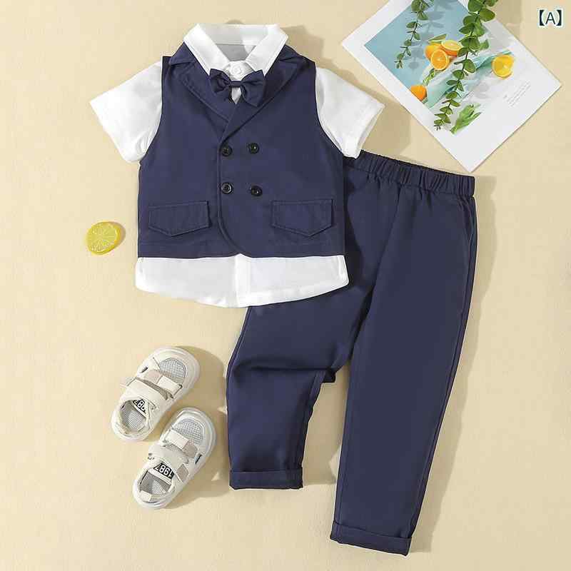 キッズ 男の子 ベビー フォーマルスーツ 半袖シャツ ベスト ロングパンツ 3点セット ダブルボタン 春夏用 発表会 入学式 結婚式 セレモニー 礼服