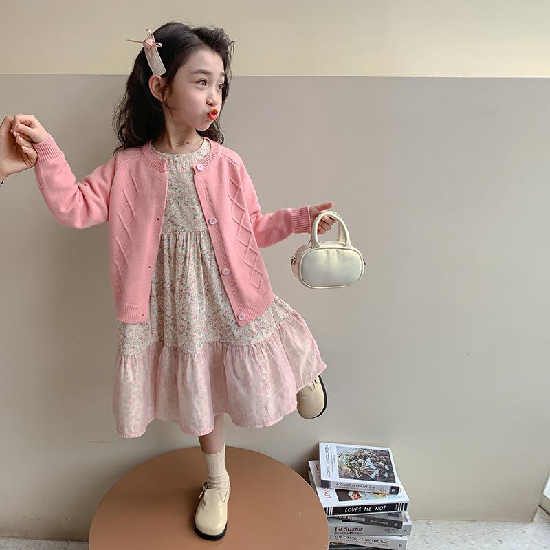 キッズ 女の子 ワンピース ニットカーディガン 2点セット 春秋 おしゃれ 韓国風 プリンセス フォーマル 発表会 入学式 卒業式 結婚式 セレモニー 長袖 柔らかい 花柄 綿混