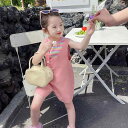 キッズ 女の子 薄手 やわらか素材 おしゃれ マルチストライプ サロペット ショートパンツ セットアップ 夏服 カジュアル かわいい 綿混 2点セット 100-140cm