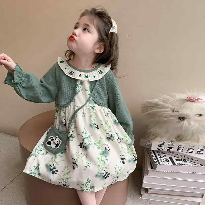 ワンピース 女の子 キッズ パンダ柄 重ね着風 プリンセスドレス 韓国風 Aライン 春秋 綿混素材 かわい..