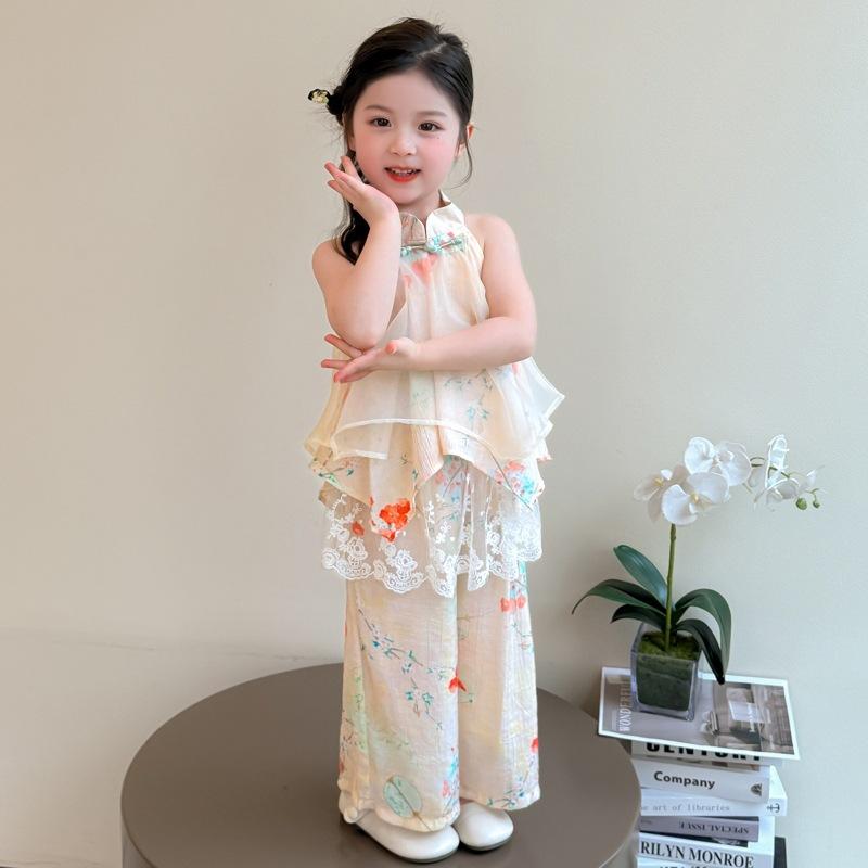 キッズ 女の子 新中国風 チャイナドレス風 薄手 コットン混 セットアップ ワイドショートパンツ ツーピ..