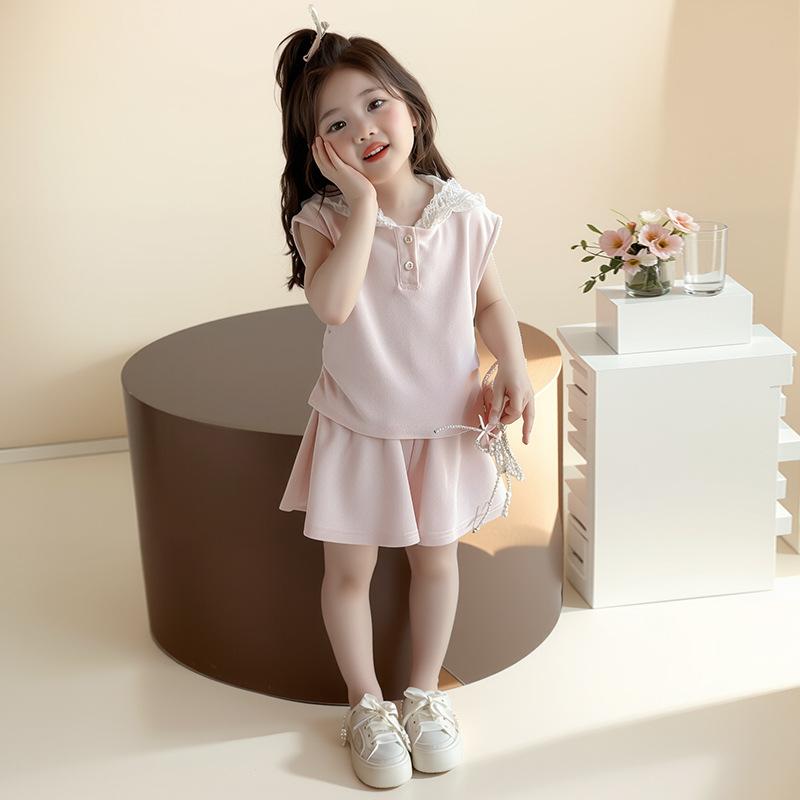 キッズ 女の子 韓国風 かわいい 半袖 レース セットアップ 夏物 薄手 柔らか素材 ショートパンツ 2点セット